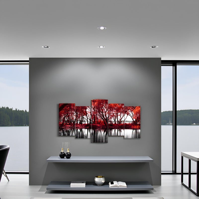 LevvArts - Black and White Red Canvas Wall Art Red Tree Forest by Lake Pictures Autumn Landscape Painting Modern Home Decor Giclee Artwork Stretched and Framed Ready to Hang - Image 2